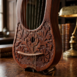 Three-quarter studio view of a 10-string hand-carved floral lyre harp on a metal display stand resting on a polished wooden desk alongside vintage books.