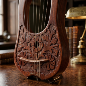 Three-quarter studio view of a 10-string hand-carved floral lyre harp on a metal display stand resting on a polished wooden desk alongside vintage books.