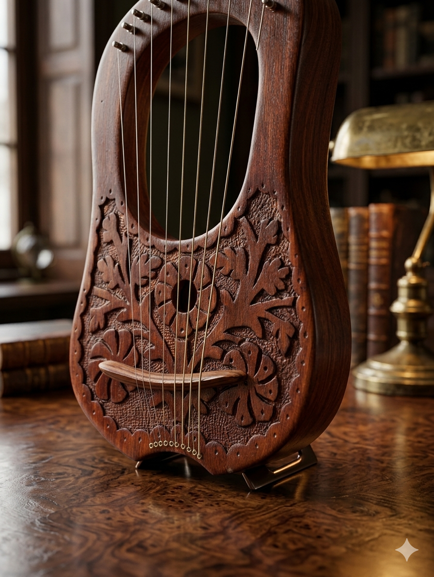 Three-quarter studio view of a 10-string hand-carved floral lyre harp on a metal display stand resting on a polished wooden desk alongside vintage books.