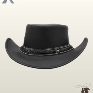 Handcrafted black leather western cowboy hat displaying a structured crown, white-stitched braided hatband, and upturned side brims.