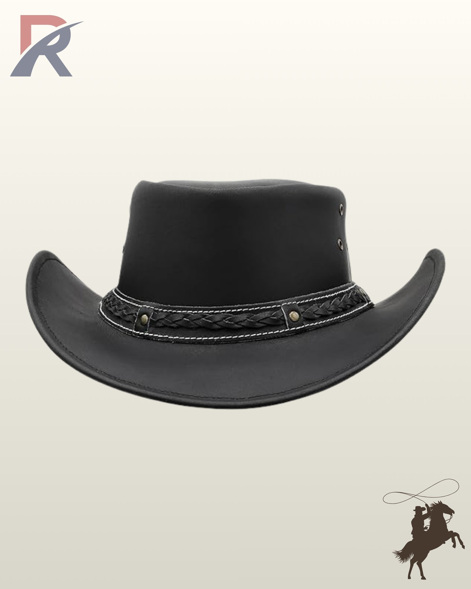 Handcrafted black leather western cowboy hat displaying a structured crown, white-stitched braided hatband, and upturned side brims.