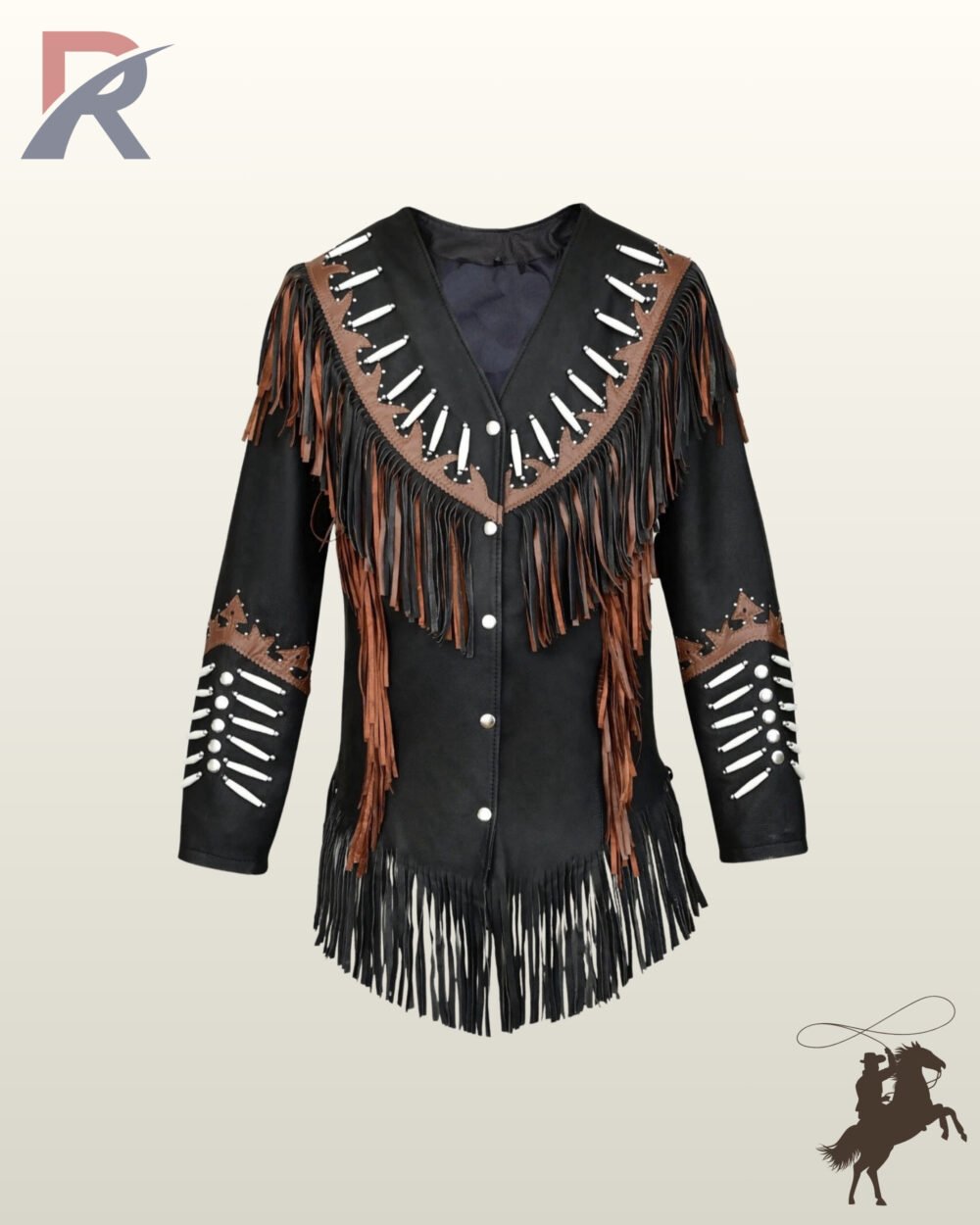 Native American style black suede cowboy jacket styled with brown crown leather accents, white bone pipe beads, sleeve detailing, and fringed hemline.