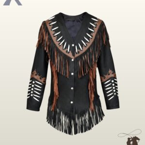Native American style black suede cowboy jacket styled with brown crown leather accents, white bone pipe beads, sleeve detailing, and fringed hemline.