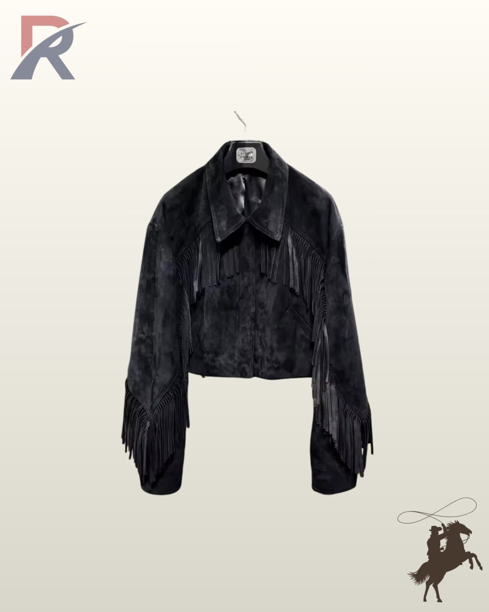 Women's black suede cropped cowgirl fringe jacket with drop shoulders and full front closure.