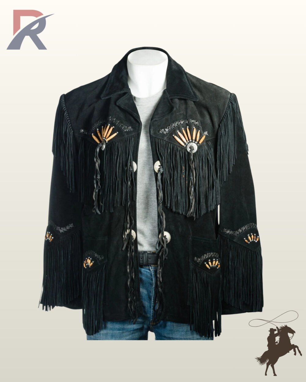 Front view of a mannequin wearing a men's black suede western fringe jacket featuring bone pipe bead fan motifs, braided leather trim, and silver conchos with long tassels.