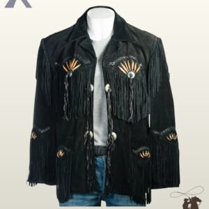 Front view of a mannequin wearing a men's black suede western fringe jacket featuring bone pipe bead fan motifs, braided leather trim, and silver conchos with long tassels.