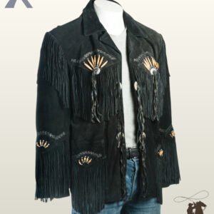 Three-quarter angle view of a men's black suede western jacket showcasing bone pipe beadwork, fringed patch pockets, long sleeve tassels, and black whipstitched accents.