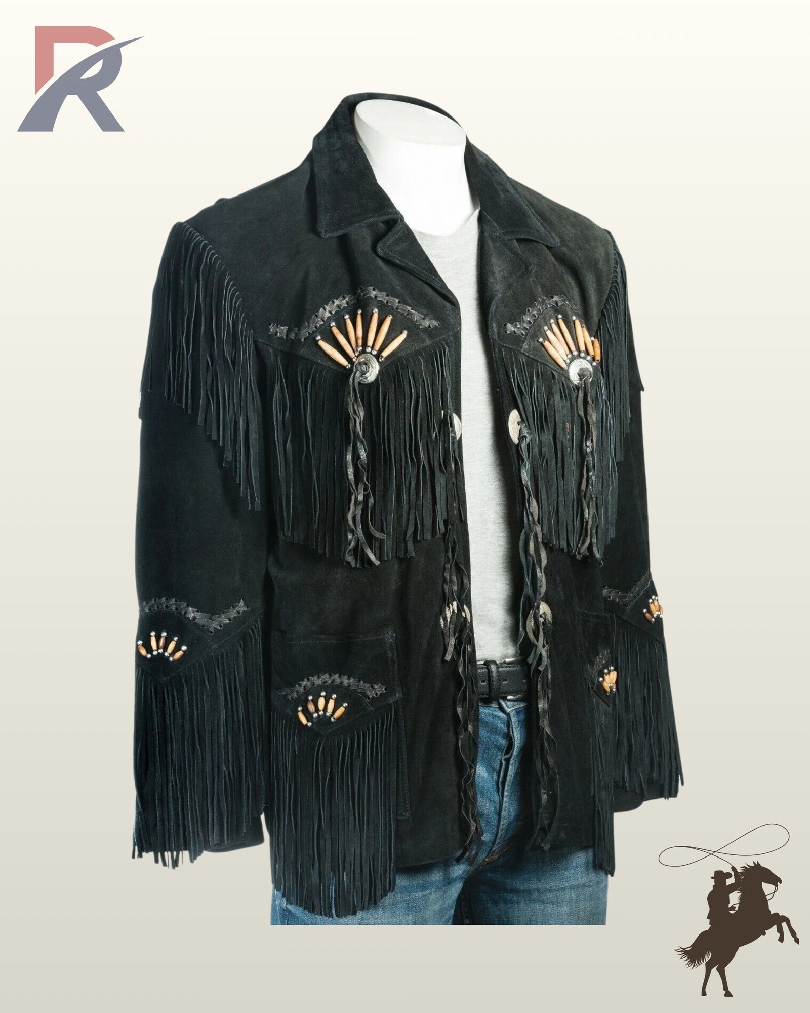 Three-quarter angle view of a men's black suede western jacket showcasing bone pipe beadwork, fringed patch pockets, long sleeve tassels, and black whipstitched accents.