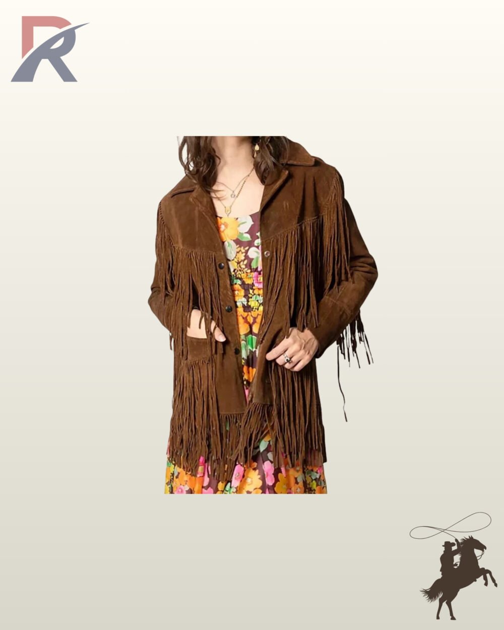 Women's dark brown suede cowgirl coat featuring double-tier chest and pocket fringe, notch lapel collar, button closure, and sleeve tassels.