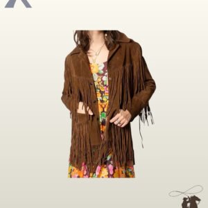 Women's dark brown suede cowgirl coat featuring double-tier chest and pocket fringe, notch lapel collar, button closure, and sleeve tassels.