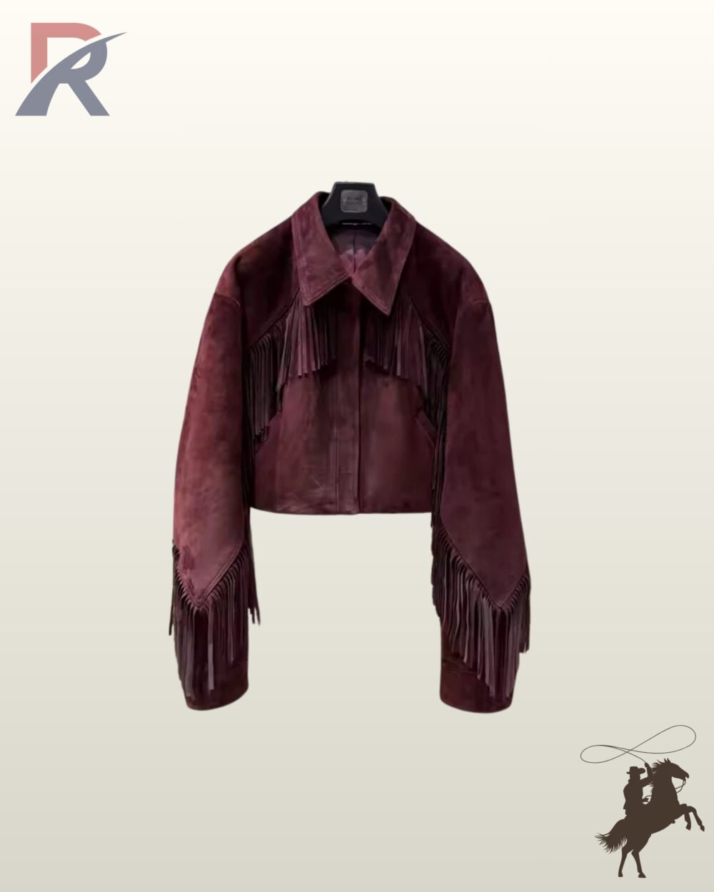 Women's burgundy suede cropped cowgirl fringe jacket with drop shoulders and hidden front placket.