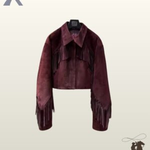 Women's burgundy suede cropped cowgirl fringe jacket with drop shoulders and hidden front placket.