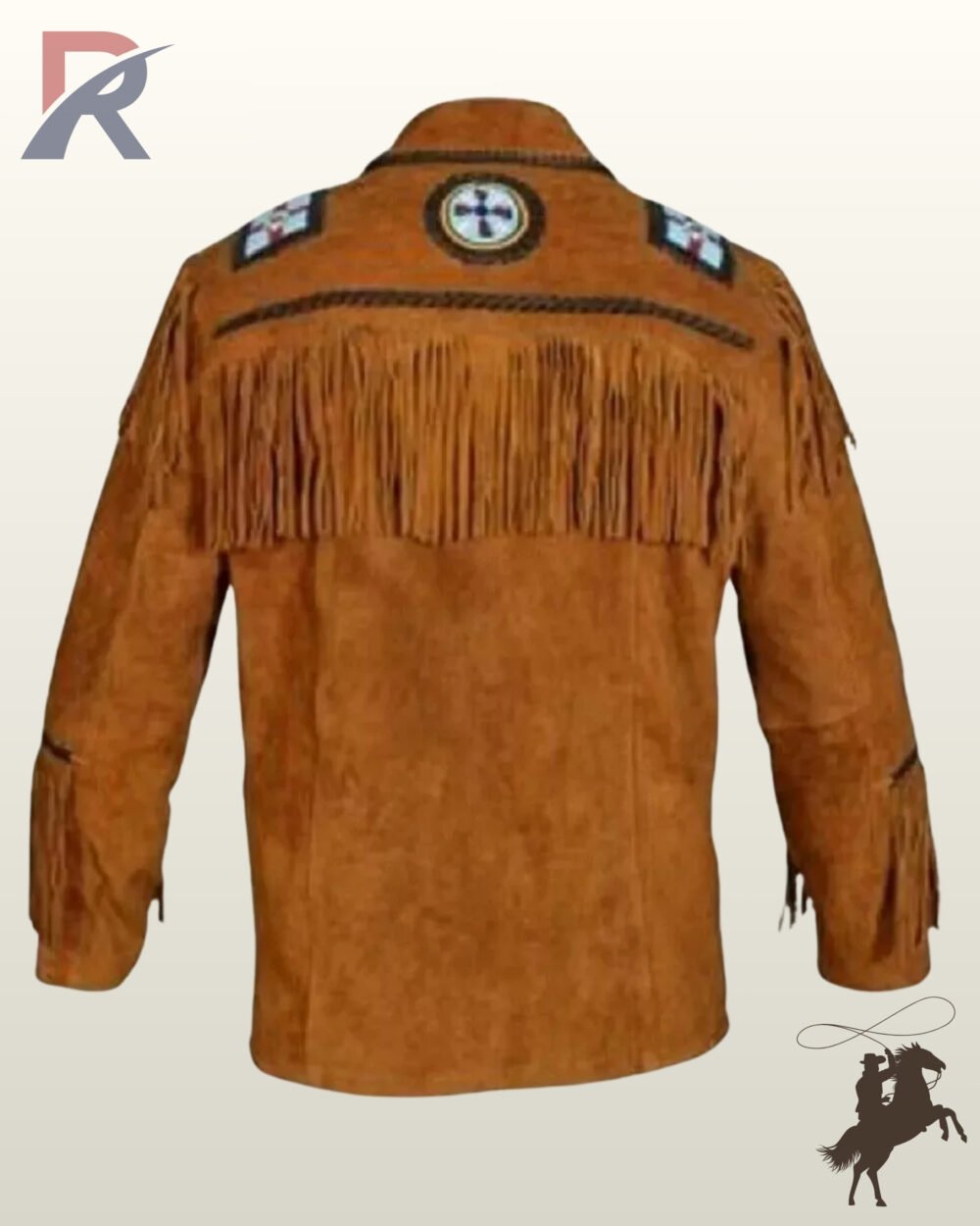 Back profile of a traditional Native American style tan suede jacket showing clean back seam construction, fringe trim, and beaded shoulder motifs.