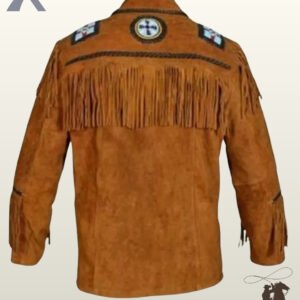 Back profile of a traditional Native American style tan suede jacket showing clean back seam construction, fringe trim, and beaded shoulder motifs.