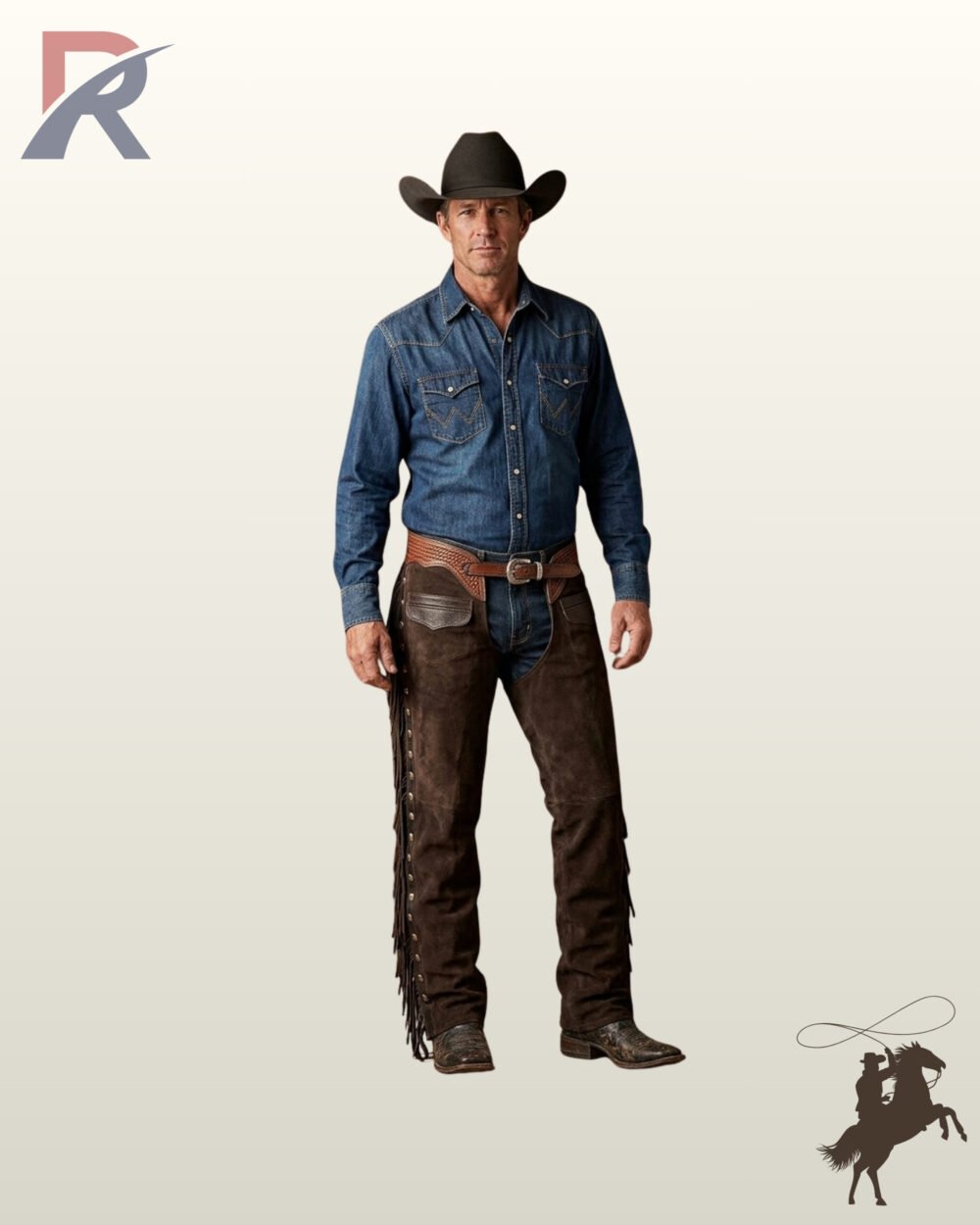 Men's western cowboy chaps crafted from dark brown suede, styled with a denim shirt, black cowboy hat, and hand-tooled leather waist closure.