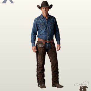 Men's western cowboy chaps crafted from dark brown suede, styled with a denim shirt, black cowboy hat, and hand-tooled leather waist closure.