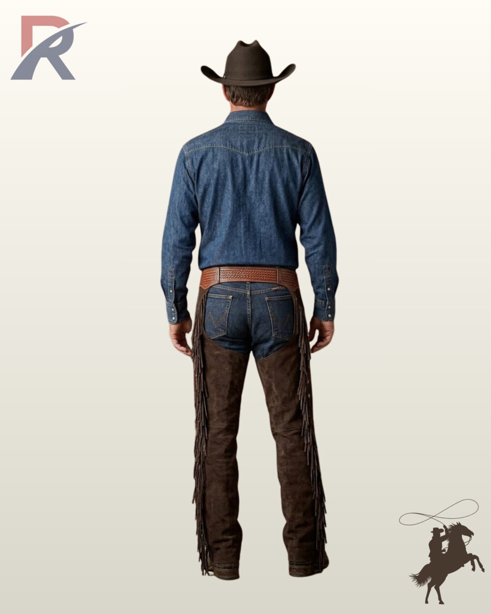 Full rear view of a male model wearing dark espresso brown suede western riding chaps showcasing a basketweave tooled leather back yoke and full-length leg fringe.