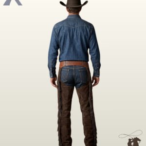 Full rear view of a male model wearing dark espresso brown suede western riding chaps showcasing a basketweave tooled leather back yoke and full-length leg fringe.