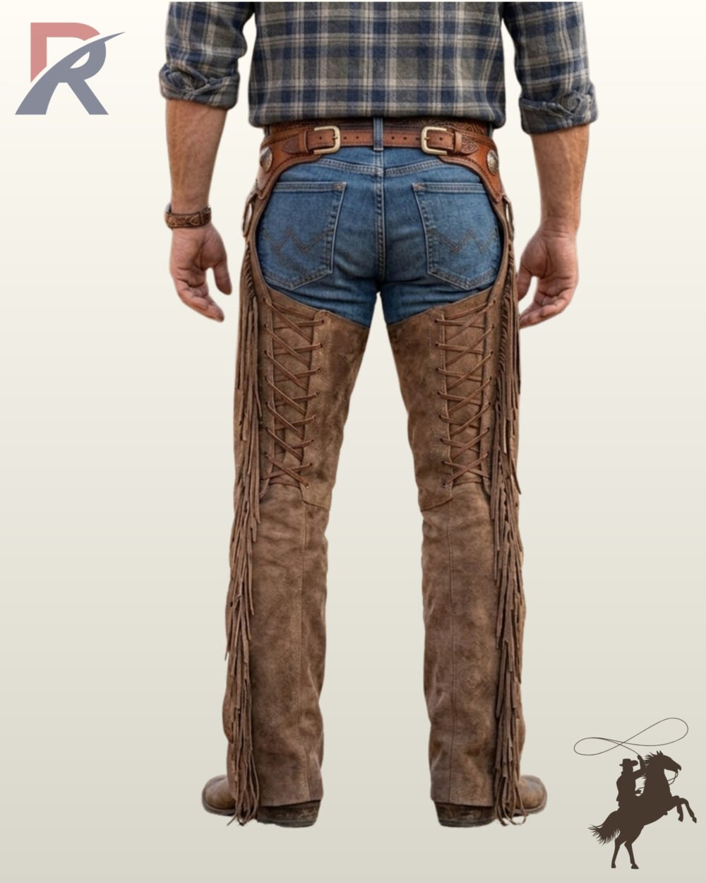 Back perspective of men's handcrafted suede cowboy chaps featuring adjustable corset lacing on the back thighs, tooled leather waist straps, and blue jeans.