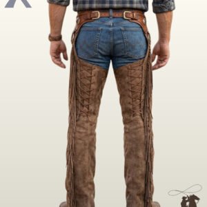 Back perspective of men's handcrafted suede cowboy chaps featuring adjustable corset lacing on the back thighs, tooled leather waist straps, and blue jeans.