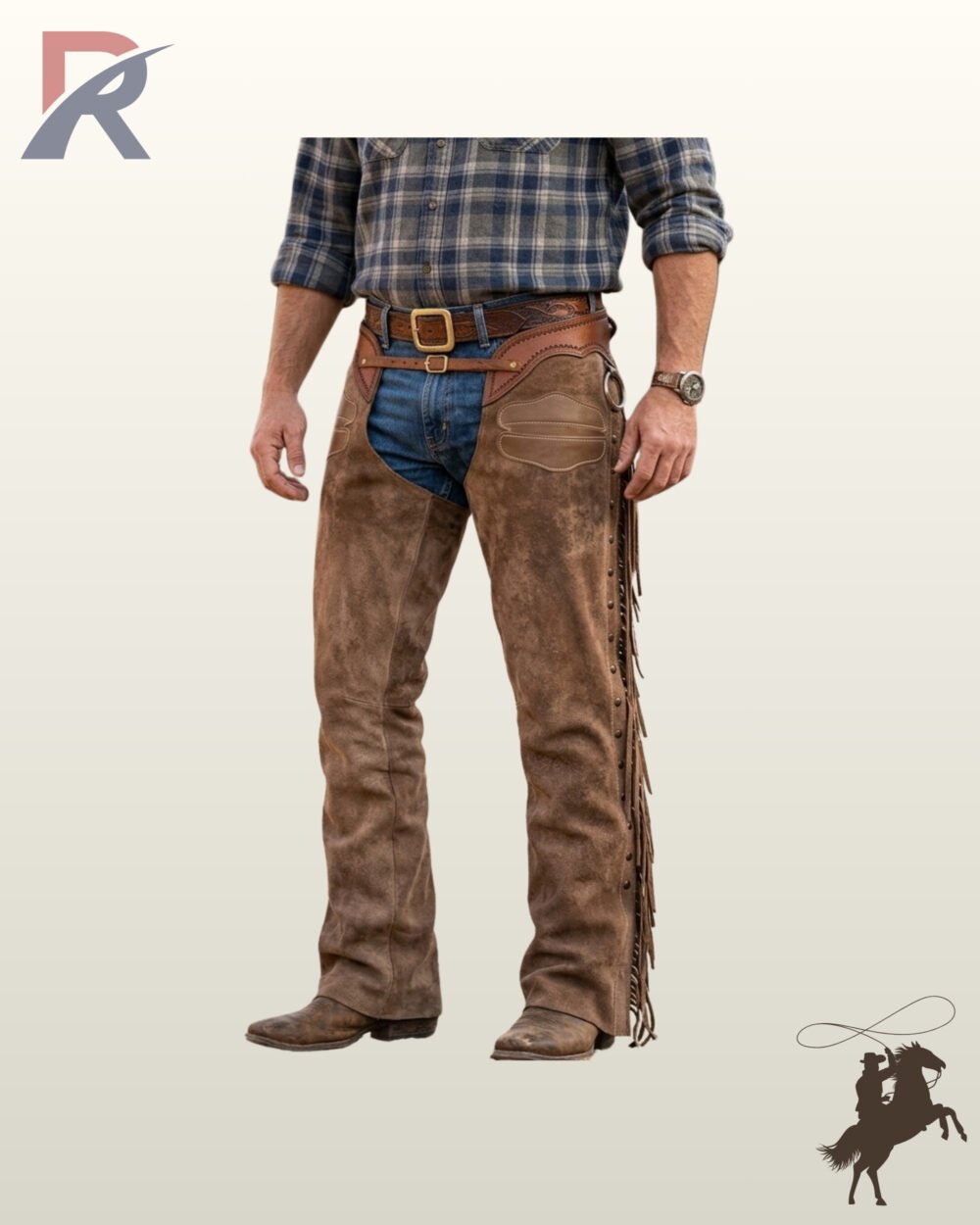 Men's western cowboy riding chaps crafted from weathered brown suede, styled over denim jeans with a brass D-ring accent and side fringe.