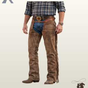 Men's western cowboy riding chaps crafted from weathered brown suede, styled over denim jeans with a brass D-ring accent and side fringe.