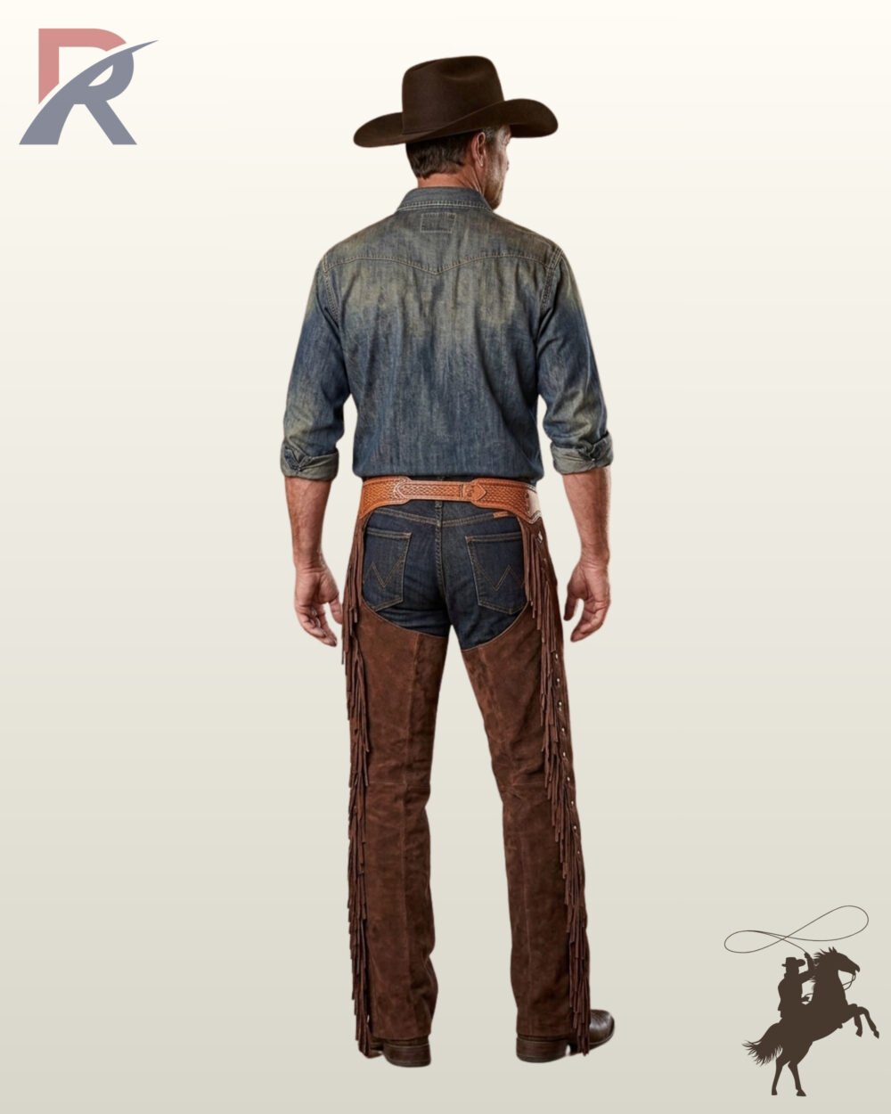 Full rear view of a male model wearing dark brown suede western riding chaps with light tan basketweave tooled leather back yoke and outer leg fringe.