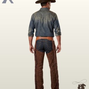 Full rear view of a male model wearing dark brown suede western riding chaps with light tan basketweave tooled leather back yoke and outer leg fringe.