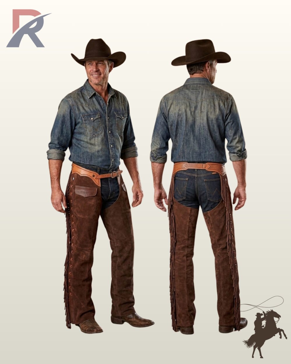 Full product catalog shot showing front and back perspective of handcrafted men's dark brown suede cowboy chaps with pockets and hand-tooled belt straps.