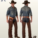 Full product catalog shot showing front and back perspective of handcrafted men's dark brown suede cowboy chaps with pockets and hand-tooled belt straps.