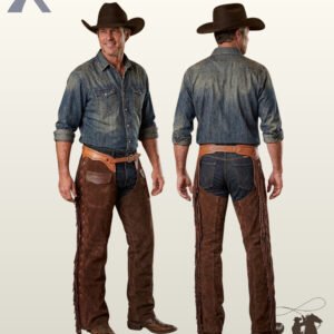 Full product catalog shot showing front and back perspective of handcrafted men's dark brown suede cowboy chaps with pockets and hand-tooled belt straps.