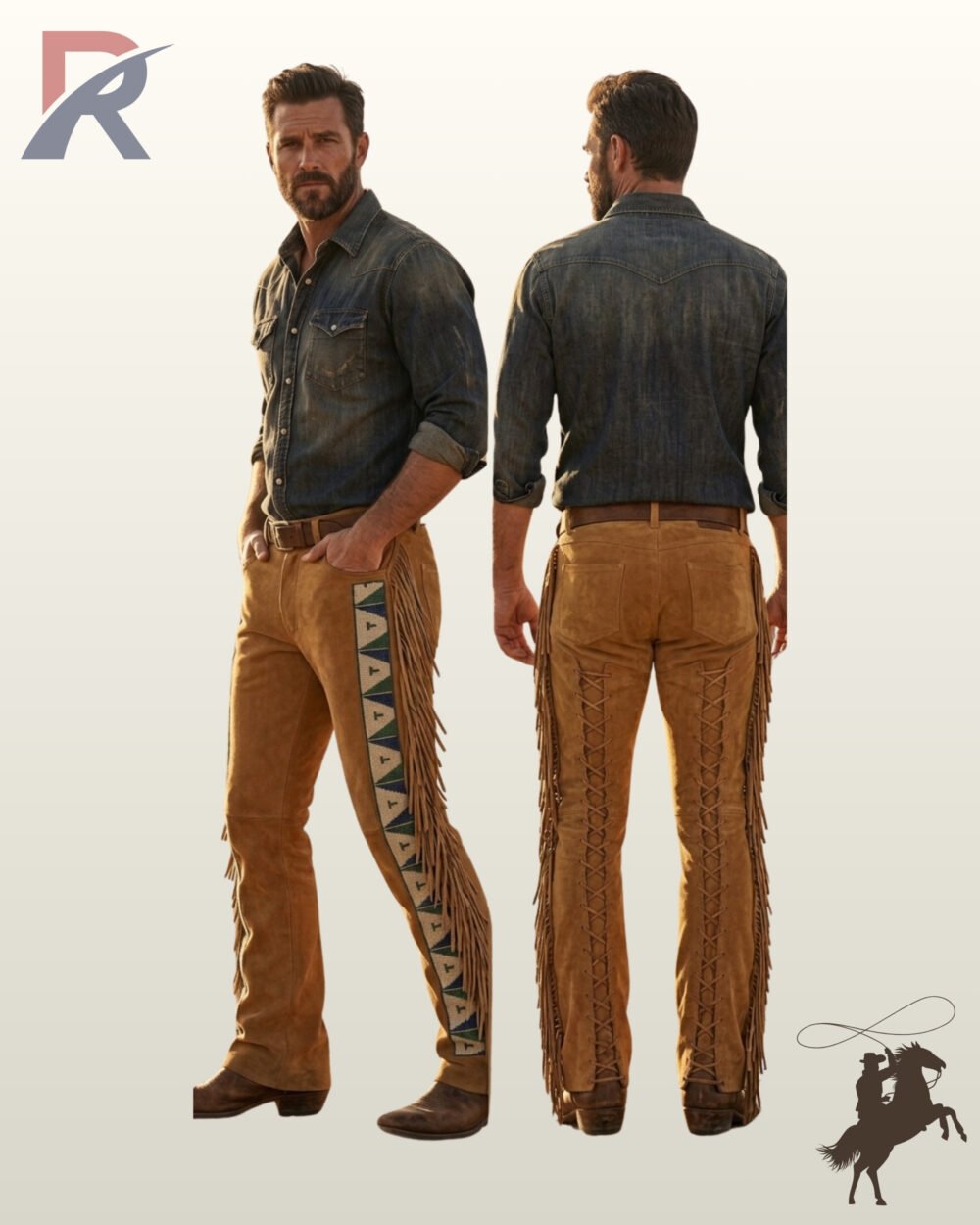 Side-by-side front three-quarter and rear view of a model wearing men's tan suede western pants with side leg fringe, geometric beadwork, and back leg lacing.
