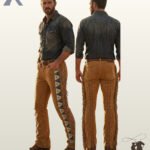 Side-by-side front three-quarter and rear view of a model wearing men's tan suede western pants with side leg fringe, geometric beadwork, and back leg lacing.