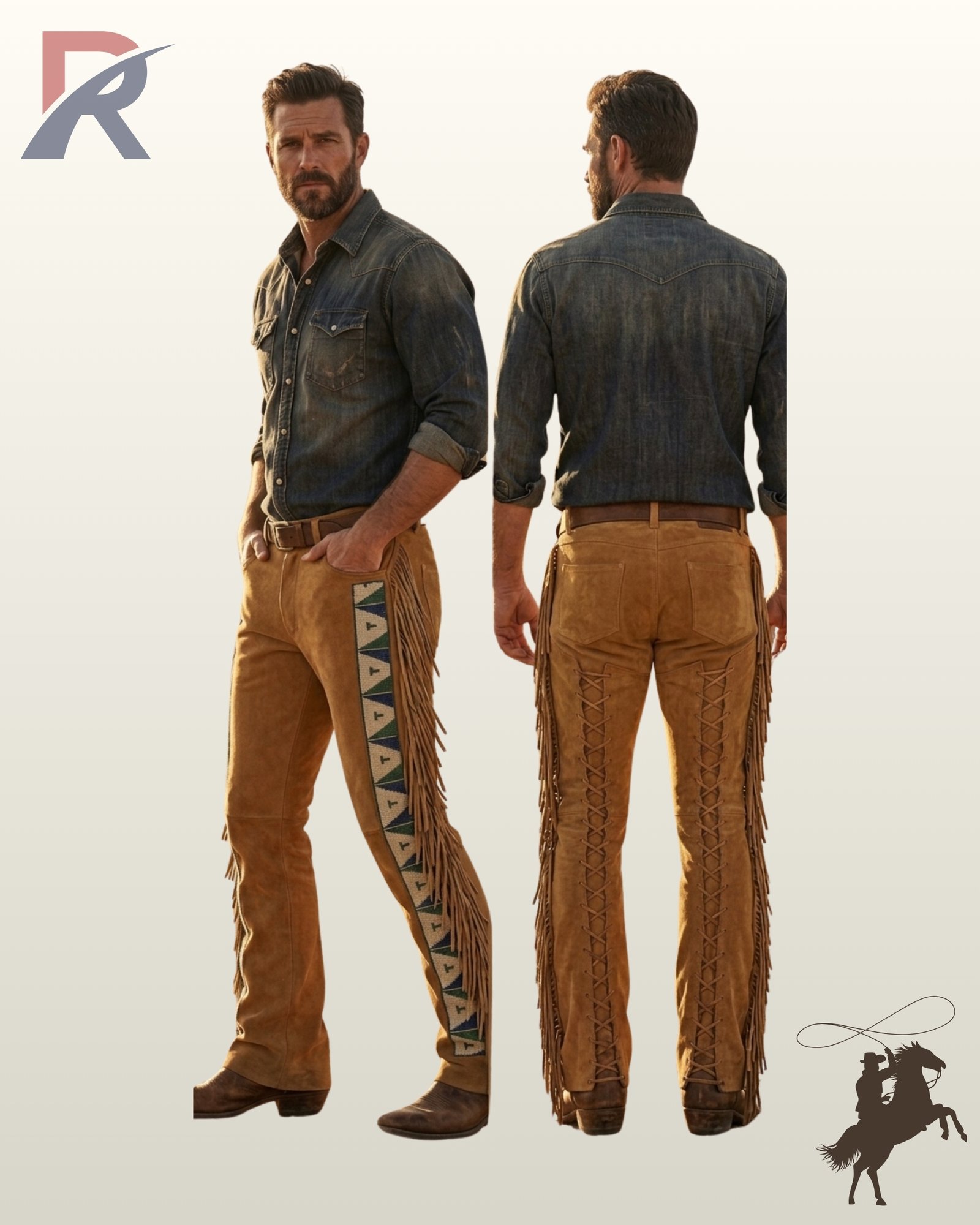 Side-by-side front three-quarter and rear view of a model wearing men's tan suede western pants with side leg fringe, geometric beadwork, and back leg lacing.
