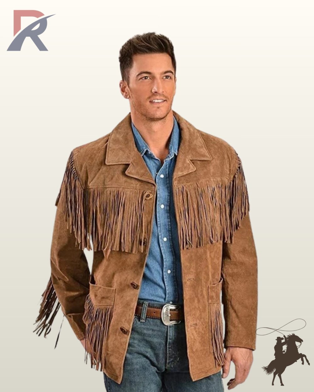 Front view of a model wearing a men's tan suede western fringe jacket with button closures, notch lapels, denim shirt, and fringed patch pockets.