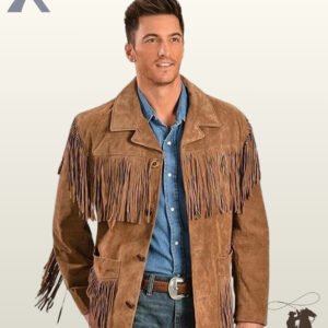 Front view of a model wearing a men's tan suede western fringe jacket with button closures, notch lapels, denim shirt, and fringed patch pockets.