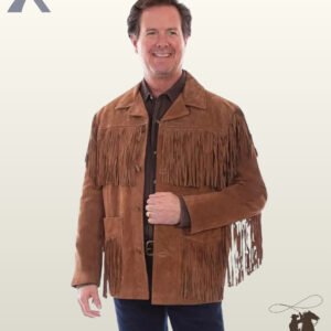 Classic men's brown suede cowboy coat styled with chest fringe trim, sleeve tassels, button front closure, and dark trousers.