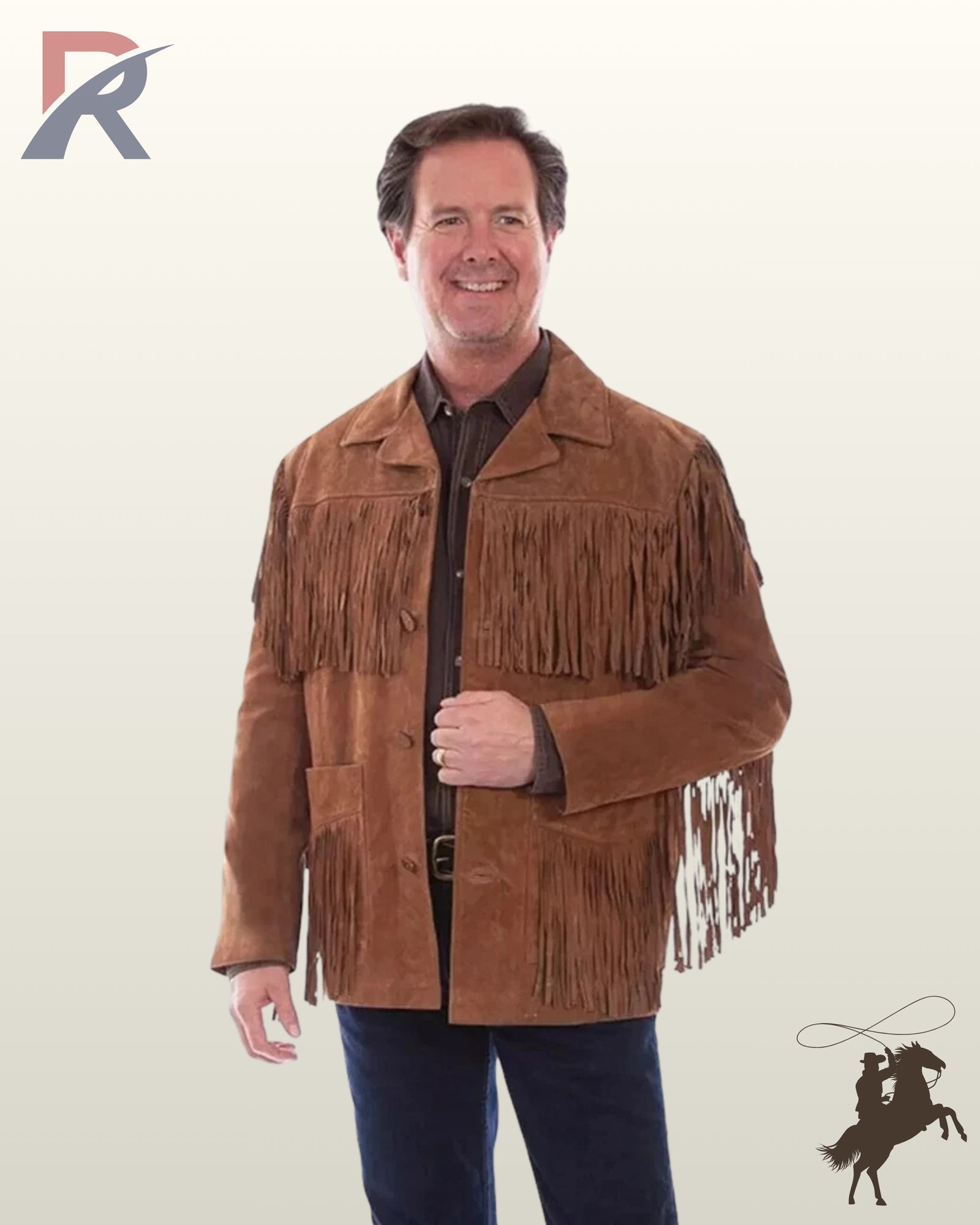 Classic men's brown suede cowboy coat styled with chest fringe trim, sleeve tassels, button front closure, and dark trousers.