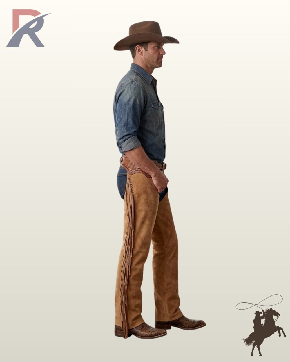 Men's handcrafted tan suede cowboy chaps showcasing side leg fringe detail, styled with denim jeans and cowboy boots.