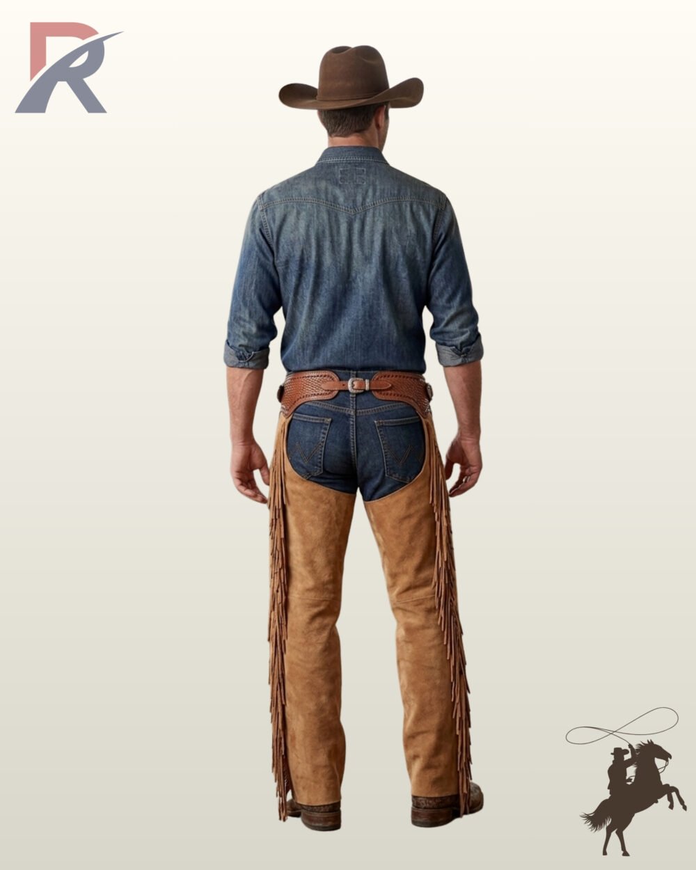 Back perspective of men's handcrafted tan suede cowboy chaps featuring full-length outer leg fringe, tooled waistband, and blue jeans.