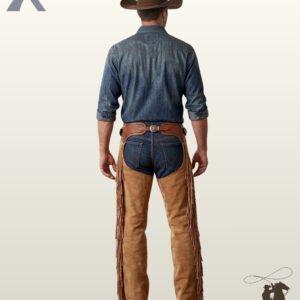 Back perspective of men's handcrafted tan suede cowboy chaps featuring full-length outer leg fringe, tooled waistband, and blue jeans.