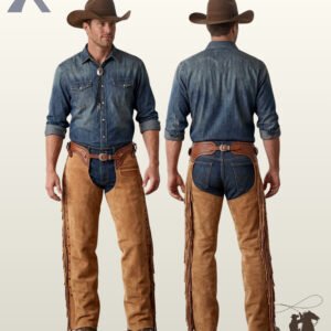 Side-by-side front and rear view of a model wearing men's saddle tan suede western riding chaps with basket weave tooled leather trim and side fringe.