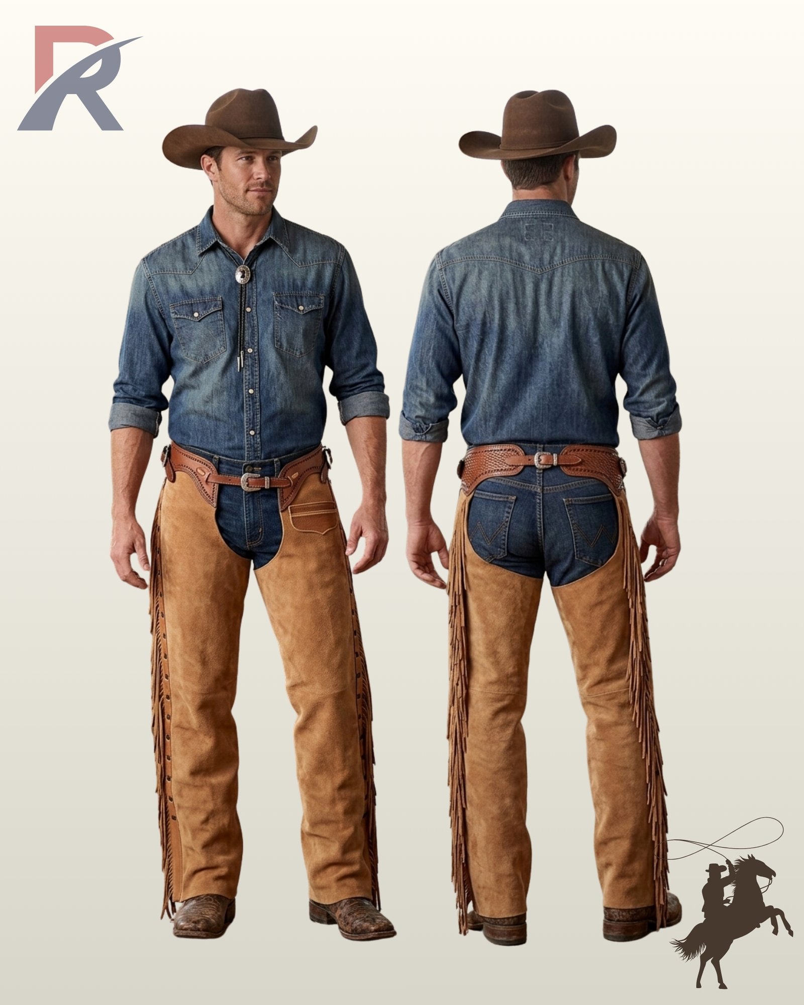 Side-by-side front and rear view of a model wearing men's saddle tan suede western riding chaps with basket weave tooled leather trim and side fringe.