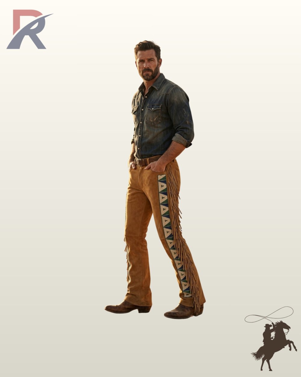 Front three-quarter view of a male model wearing tan suede western pants with outer leg fringe and a geometric triangular beaded side strip.