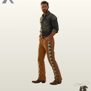 Front three-quarter view of a male model wearing tan suede western pants with outer leg fringe and a geometric triangular beaded side strip.