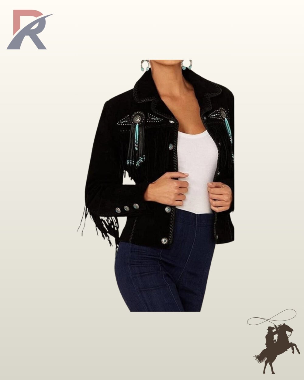 Close-up front view of a women's black suede western jacket featuring silver concho buttons, studded chest yokes, turquoise beaded dangles, and whipstitched lapels.