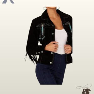 Close-up front view of a women's black suede western jacket featuring silver concho buttons, studded chest yokes, turquoise beaded dangles, and whipstitched lapels.