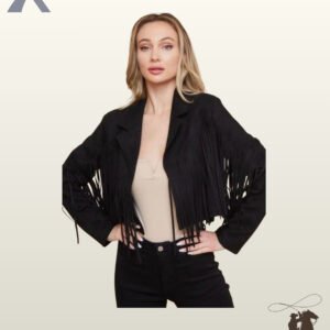 Women's cropped black suede cowgirl jacket featuring notched lapels, V-yoke chest fringe, and long sleeve tassels.