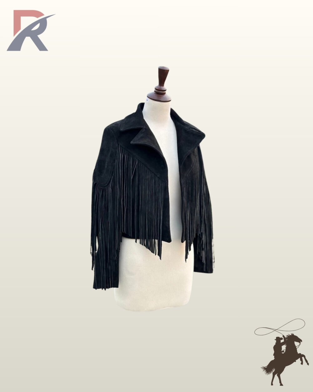 Women's black suede cowgirl jacket featuring open lapels, V-yoke chest fringe, and long sleeve tassels.