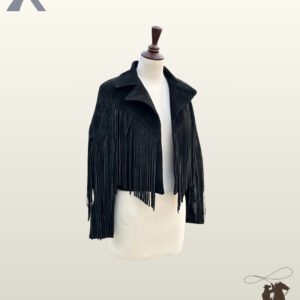 Women's black suede cowgirl jacket featuring open lapels, V-yoke chest fringe, and long sleeve tassels.
